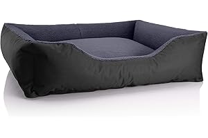 BedDog Hundebett Teddy, Hundesofa aus Cordura und Microfaser-Velours, waschbares Hundebett mit Rand, Hundekissen Vier-eckig, für drinnen, draußen, Größe XL, schwarz-grau