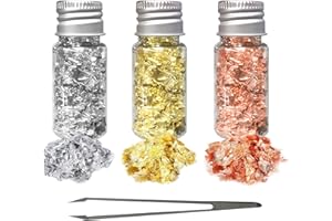 Violotoris Edible Gold, Edible Gold Leaf for Cakes, 3 Bottles Edible Gold Leaf Foil Flakes with Clip, for Cake Decorations Dessert Cocktails Candies Anti Wrinkle Treatment(Silver+Gold+Rose Gold)