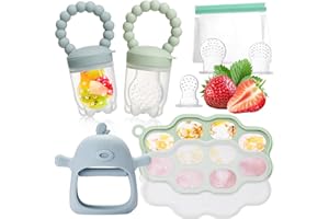 COZCLAM Chupete Fruta Bebe, Malla Fruta Bebe de Silicona - 2 Mordedor Fruta Bebe & 3 Tetinas, Recipiente para comida de bebé, Mordedor para Bebés | para Bebés de 3-24 Meses | Sin BPA (Verde y Azul)