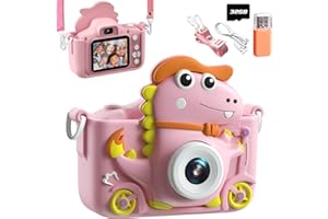 Cámara Digital Infantil Dinosaurio 1080P, 2" HD Selfie, 32GB Memoria, Regalo 3-12 Años, Rosa
