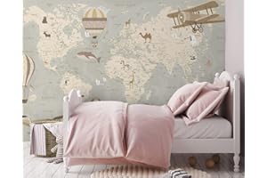 Naturempress Papier Peint Panoramique Carte Du Monde Des Animaux De Dessins Animés Papier Peint Intissé Tapisserie Poster Mural pour Salon Chambre Décoration Murale