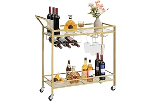 HOOBRO Carrello da Bar con Portabottiglie per Vino e Portacalici, Carrello da Servizio a 2 Livelli, con Ruote e Bordi Rialzati, per Sala da Pranzo, Soggiorno, Giardino, Festa, Pub, Dorato EGD11TC01