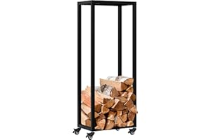 CLP Leñero metálico Interior con Ruedas Hilta, Soporte para Troncos de Metal Resistente, Almacenamiento de leña en el salón, Color:Negro, Tamaño:25x40x100 cm
