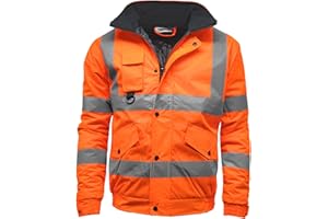 Stormway Mens Hi Vis High Visibility Viz Safety Security Reflective Protective Waterproof Two Tone Windproof Padded Workwear Bomber Jacket With Concealed Hood Orange, Yellow, Black and Contrast.