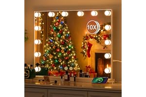 DRADAOMULL Specchio Trucco con Luci, Specchio Hollywood da Tavolo con 14 Lampadine LED, 3 colori di illuminazione, Specchio da trucco con USB e ingranditore 10x, Installazione su tavolo e a parete - 50*40cm