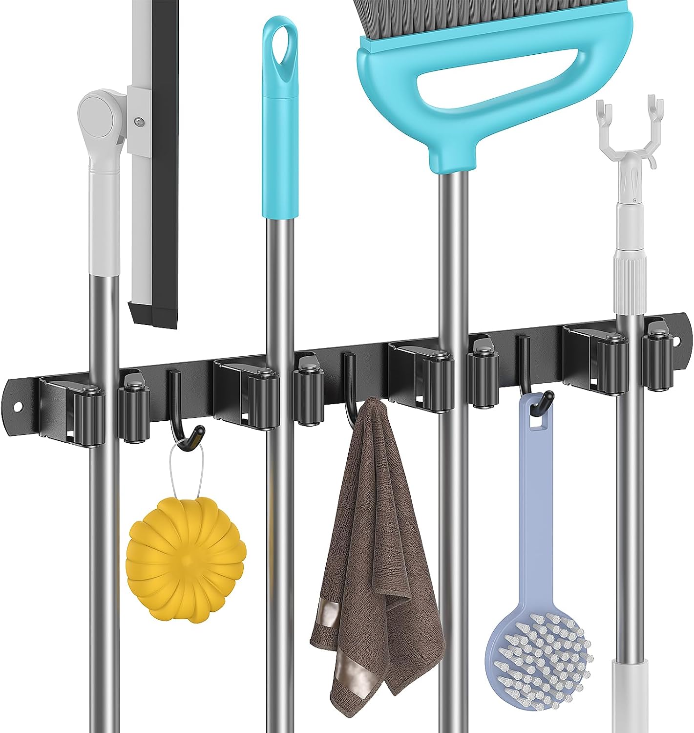 Juspota Colgador Escobas y Fregonas adhesivo, Soporte Escobas pared con 4 Soportes y 3 Ganchos, Sujeta Escobas pared de Acero Inoxidable atornillable, Negro