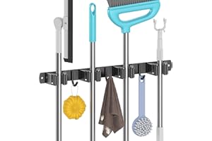 Juspota Colgador Escobas y Fregonas adhesivo, Soporte Escobas pared con 4 Soportes y 3 Ganchos, Sujeta Escobas pared de Acero Inoxidable atornillable, Negro
