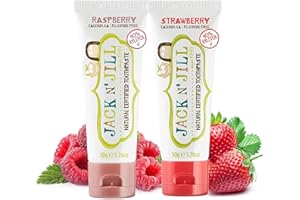 JACK N' JILL Jack N’ Jill Natural Certified Kids Toothpaste – Fluoride-Free Toddler & Baby Toothpaste with 40% Xylitol, No Sugar, Suitable from 6 Months+, Raspberry & Strawberry Flavour, Pack of 2 (50g Each)