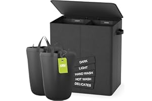 BATHOLA Double Laundry Basket with Lid, 135L Washing Baskets for Laundry with Removable Bags & Labels, laundry basket 2 compartments for Separating, Large Laundry Hamper for Laundry Room, Bedroom, Grey