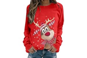 NUOKE Weihnachtspullover Damen Lustige Weihnachten Ugly Christmas Sweatshirt Baumwolle Pulli Rundhals Hirschkopf Muster Herbst Winter Sweater Weihnachtskostüm weihnachtskleid