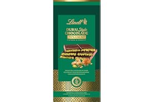 ‎LINDT Lindt Dubai Style Chocolade Dark | 145g Tafel | Dunkle Schokolade mit feinster Pistazienmark, Pistazien- und Mandelkrokant und knuspriger Kadayif Füllung | Schokoladentafel | Schokoladengeschenk