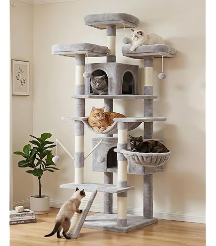 Globlazer kattenboom grote katten 189 cm hoog met 2 Groot kattenhuis 45*40*35cm, 3 wijd platform 45*40CM, 2 Mand, 2 Zitstang, Krabpaal xxl voor 2-6 groot katten Maine Coon 7KG (S74E, Lichtgrijs