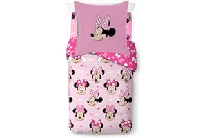 JAY FRANCO Disney Minnie Hearts & Love Juego de cama de 3 piezas, 100% algodón, 135 x 200 cm, tamaño individual, funda nórdica + sábana bajera ajustable de 90 x 200 cm + funda de almohada de 80 x 80 cm
