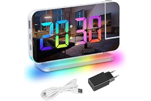 Exmate Despertador de Proyección Rainbow LED Espejo, Digital Reloj Gran Pantalla con Luz de Noche RGB, Dos Puerto de Carga USB, Función Snooze, Proyector Giratorio de 180° ((Blanco con Adaptador)