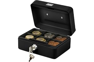 ZENO Cash Box | Money Tin | Steel Metal Money Safe Box | Durable Petty Cash Deposit Tin Holder | With Lock | 6 Compartments Coin Tray | 2 Keys | Black