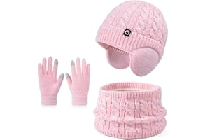 ENWOKRAN D'hiver Enfant Bonnet avec Cache-Oreille Écharpe Gants 3 en1, Doublure Intérieure en Polaire Bonnet en Tricot Chaud Élastique Cache-Cou Gants à écran Tactile pour Fille Garçon 4-10