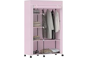 HOMCOM Armario de Tela con Ruedas, Armario Portátil, con Barra para Colgar, 6 Estantes, Marco de Acero, para Dormitorio, Vestidor, 103x43x162,5 cm, Rosa