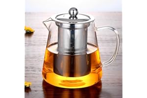 PTooTP Szklany dzbanek do herbaty, 950 ml, z sitkiem ze stali nierdzewnej, odporny na wysokie temperatury, wyjmowany, szklany dzbanek do herbaty owocowej, pachnąca herbata, czarna herbata, zielona