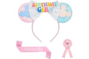 Dazzroi Mouse Ears Bow Headband, Pink Sparkle Sequin Mouse Ears with Birthday Ribbon and Badge, Mouse Ears Headband Cosplay Party Headband for Kids Girls Birthday Party Princess Party Decorations