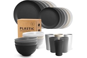 Teivio 24-Piece Kitchen Plastic Dinner Set, Service for 6, Dinner Plates, Dessert Plates, Cereal Bowls, Cups, Unbreakable Plastic Plates and Bowls Set, Outdoor Camping Dishes, Stone