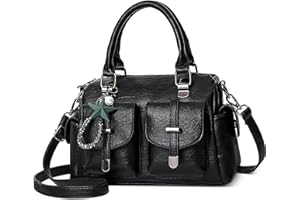 FOLOVEYA Bolso de Mano de Mujer Vintage Pequeño Bolsos Bandolera con Colgante de Cuero PU Elegante Bolsa de Hombro Shopper Bolsos Tote para Viajar Trabajo Negocio Citas Negro