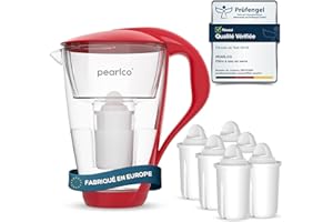 PearlCo - Carafe avec filtre à eau en verre - rouge - 6 cartouches Universal classic incluse (compatible avec Brita Classic)