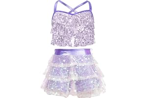 Miutii Kids Girls 2 Piece Sequins Camisole Crop Top with Skirt Ballet Modern Jazz Latin Dance Performance Costume