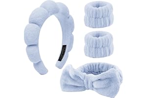 WUPENGZON 4 Stück Haarband Kosmetik,Spa Stirnband Make Up Schwamm Set Damen, Hautpflege Stirnband Waschen Gesicht Wristband Set Für Frauen Schönheit Mädchen Yoga Sport Dusche Make-up-Entfernung (Blau, 4 Stück)