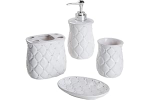 MONTEMAGGI Baroni Home Set in Ceramica accessori da Bagno, Include Dispenser, Portaspazzolino, Bicchiere e Portasapone Bassorilievo Set 4 Pezzi Bianco Matellato
