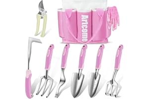 Artcome 9 PCS Garden Tool Set - Complete Garden Tool Kit with 7 Heavy Duty Garden Tools, Bag & Gloves - Uniform Pink Set - Garden Tool Set with Soft & Comfortable Grip for Women