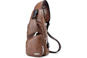 VARLIVOO Zaino Monospalla da Uomo Sling Bag con USB Port Borse a Spalla Borsa a Tracolla Viaggio Escursionismo Palestra Ciclismo Impermeabile PU Pelle Marrone Chiaro