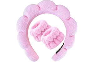 KWQINX Spa face wash headband and wristband set, headband for washing face, soft skincare headbands, hair and wrist band for washing face, bubble soft women's skin care headband (Pink+wristband)
