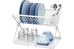 Amig - Scolapiatti Pieghevole Kaplya - 41,5 x 33,2 x 33,8 cm - Acciaio e Plastica - Colore Bianco - Scolapiatti Compatto con Vassoio di Sgocciolamento e Supporto per Posate - Ideale per Piccole Cucine