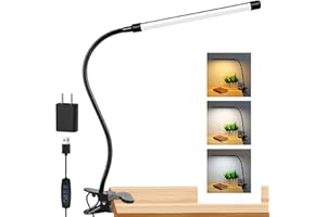 Akynite Lampa zaciskowa USB, adapter w zestawie, 8 W lampa do czytania, 3 kolory i 10 intensywności, elastyczna lampa biurkowa dla dzieci, klips do manicure stołowego, czarna