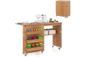 GIANTEX Armario de Costura Plegable 2 en 1 con 5 Ruedas, Mesa de Coser con 3 Compartimentos y 1 Estante Abierto, Aspecto de Vetas de Madera, para Dormitorio, Salón y Estudio (Natural, 118,5x40x79,5cm)