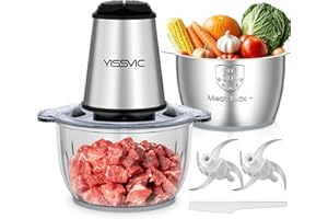 YISSVIC Tritatutto da Cucina Elettrico 2L,500W,Doppia Ciotola Vetro e Acciaio Inox,2 Velocità, 2×4 Lame, Anello Antiscivolo, Lavabile in Lavastoviglie, per Frutta Verdura Carne Spezie