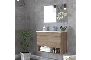 Inbagno Mobile bagno sospeso 80 cm, 2 ante e vano a giorno serie Oasi, colore rovere con venatura naturale, COMPLETO di lavabo in ceramica e specchiera