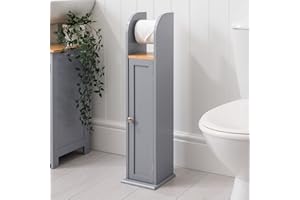 CHRISTOW Free Standing Toilet Roll Holder Cabinet, Wooden Grey & Bamboo Toilet Roll Storage Unit With Shelf