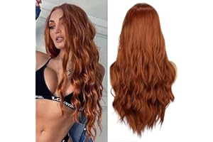 PORSMEER damskie kasztanowy pomarańczowy długie kręcone falowane włosy peruki z częścią środkową dla kobiet, naturalne włosy żaroodporne syntetyczne peruki 26 cali