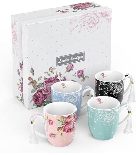 London Boutique Lot de 2 tasses à thé et soucoupes en porcelaine anglaise de qualité supérieure - Motif floral - Style vintage shabby chic - 236,8 g - Rose rétro vintage