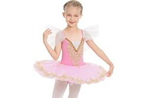 IBAKOM Enfant Filles Robe Ballet Justaucorps lac des cygnes Broderie Dorée Perles Gymnastique Robe Body Vêtements Danse avec Jupe Tutu