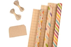 RUSPEPA Rotoli Di Carta Da Regalo Con Etichette, Filo Di Iuta - 43 cm X 3 m Per Rotolo, Totale Di 3 Rotoli, Compleanno