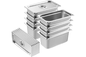 VEVOR Set Contenitore per Alimenti in Acciaio Inox Vassoio 328 x 178 x 148 mm, Set di Bacinelle per Alimenti Spessore 0,8mm Confezione 8 Pezzi con Coperchio per Cucina Ristorazione Hospitality