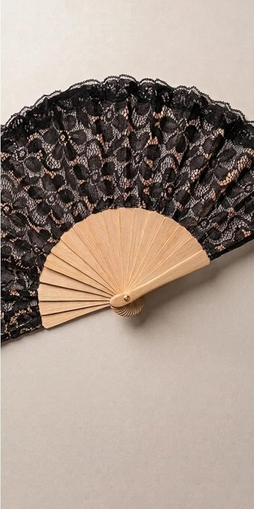 Dantel Detaylı Bambu Katlanır El Yelpazesi, Siyah, 43 x 23 cm, Çiçek Desenli
