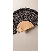 Dantel Detaylı Bambu Katlanır El Yelpazesi, Siyah, 43 x 23 cm, &Ccedil;i&ccedil;ek Desenli
