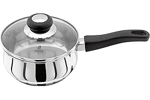 Judge Vista Stainless Steel Medium Saucepan, 16cm, 1L Shatterproof Vented Glass Lid, Induction Ready, Oven Safe