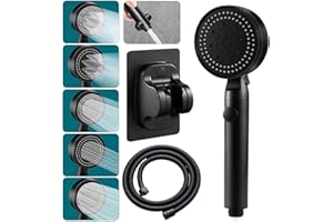 BANTI Słuchawka prysznicowa, oszczędzająca wodę, z wężem, czarna, 5 rodzajów strumienia, wysokociśnieniowa głowica prysznicowa z blokadą wody do łazienki