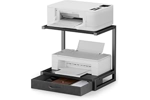 OYRREU Mobiletto Portastampante, Scaffale 2 Livelli con Cassetto e Ripiano Aperto, Supporto/Mobile per Stampante da Scrivania per Ufficio, per Stampante 3D, Fax, Scanner, Nero