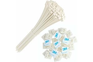 intervisio Collier de Serrage 200 mm x 2,5 mm Serre Cables, Rilsan 200mm, Nylon, Lot de 100 Pièces + Embases Adhesive pour Attache de Cable, 19 mm, Auto Adhésif 50 Pièces Blanc