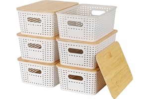 Nymblis 6Pcs Storage Box with Lid, Plastic Stackable Storage Baskets with Bamboo Lids, Plastic Storage Bins Containers for Kitchen Bathroom Cabinets Organization (25.4x18.4x10.7cm)